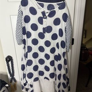 Polka Dot Tunic with Striped Sleeves and Matching Wide Leg Bottoms